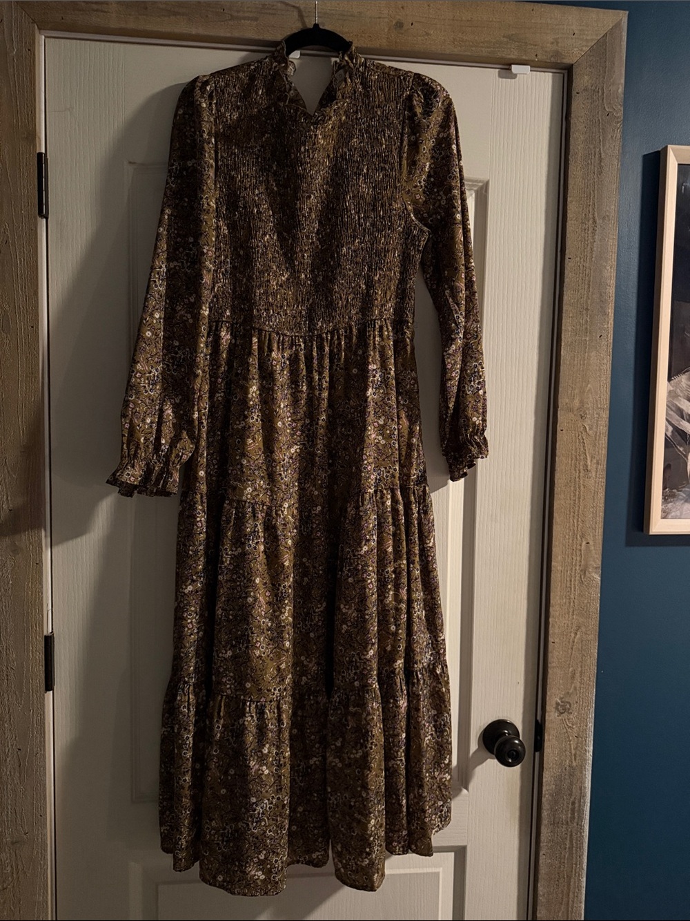 Olive Floral Tiered Maxi Dress with Long Sleeves